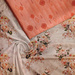 Victorian peach floral Silk Satin Unstitched Suit Set