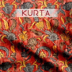 Orange kalamkari floral Tussar Silk Unstitched Suit Set