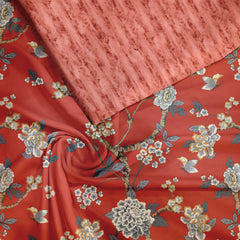 Spring red floral Satin Linen Unstitched Suit Set