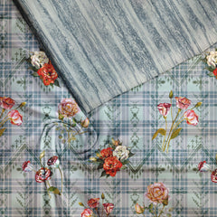 Floral on checks Satin Linen Unstitched Suit Set