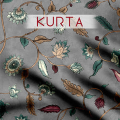 Grey Verdant tendrils Kalamkari Silk Satin Fabric unstitch suit set