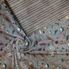 Gray Verdant tendrils Kalamkari Satin Linen Fabric unstitch suit set