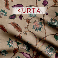 Brown Verdant tendrils Kalamkari Silk Satin Fabric unstitch suit set