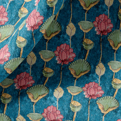 Blue Textured Kalamkari Satin Linen Fabric