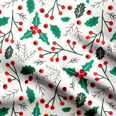 Cotton Poplin 1 Meter Holly Mistletoe Berries Christmas Print Fabric