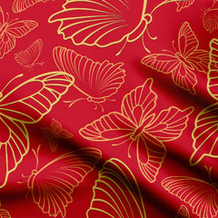 Muslin 5 Meters Butterfly Gold embossed Red Print Fabric