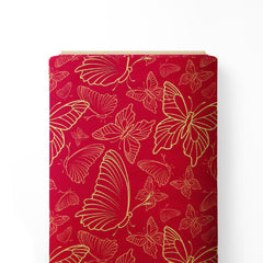 Muslin 5 Meters Butterfly Gold embossed Red Print Fabric