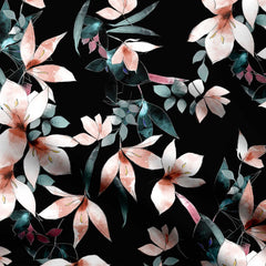 Black and Peach Magnolias Satin Fabric