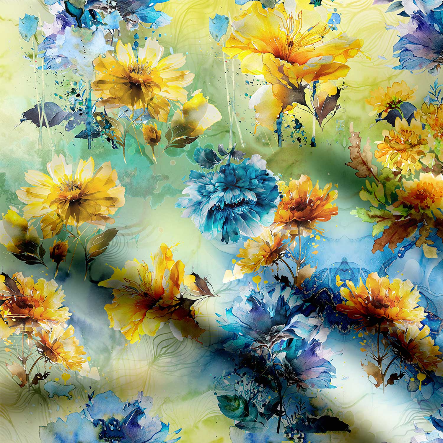 blue and yellow flower pattern-42484, All Designs, Chinnon Chiffon, cotton, Cotton Canvas, Cotton Poplin, Cotton Satin, Crepe, FEATURED ARTIST DESIGNS, Floral, Giza Cotton, Light Chiffon, Modal Satin, Muslin, Natural Crepe, Nimit Rajput, Organic Cotton Bamboo, Organza, Organza Satin, pashmina, Poly Canvas, Poly Cotton, Pure Linen, Rayon, Satin, Satin Linen, Velvet Velure, Viscose Dola Silk, Viscose Georgette-Symplico