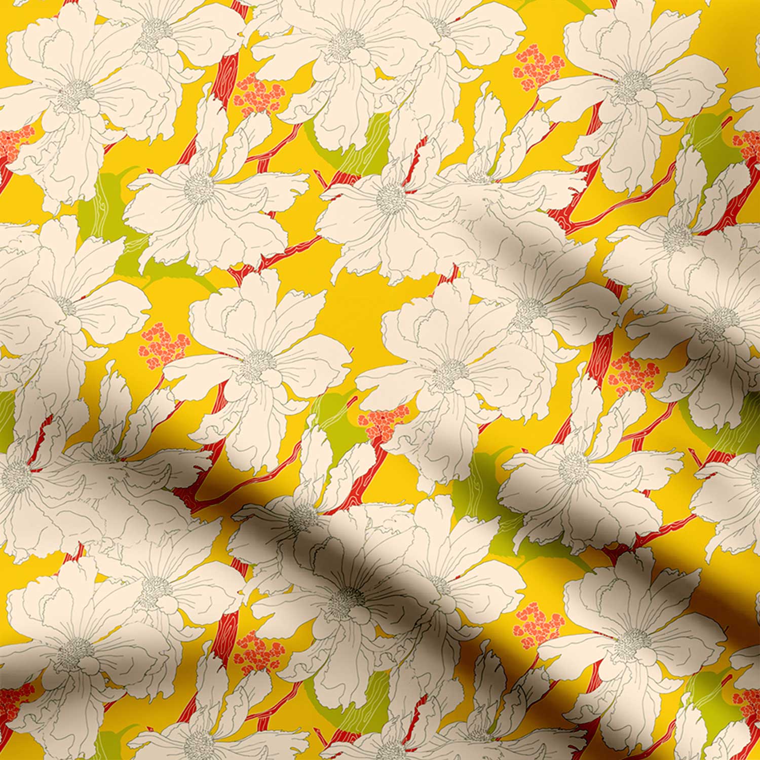 Yellow Ivory Retro Flower-42876, Aarav Patel, All Designs, Chinnon Chiffon, cotton, Cotton Canvas, Cotton Poplin, Cotton Satin, Crepe, Floral, Giza Cotton, Light Chiffon, Modal Satin, Muslin, Natural Crepe, Organic Cotton Bamboo, Organza, Organza Satin, pashmina, Poly Canvas, Poly Cotton, Pure Linen, Rayon, Satin, Satin Linen, Tyohar, Velvet Velure, Viscose Dola Silk, Viscose Georgette-Symplico