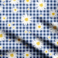 Blue Daisy Checks Print Cotton Fabric