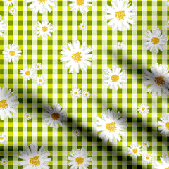 Lime Daisy Checks Print Cotton Fabric