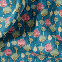 Blue Textured Kalamkari Satin Linen Fabric