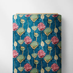 Blue Textured Kalamkari Satin Linen Fabric