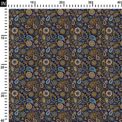 Cotton 2 Meters Boho Paisley Floral Print on Navy Print Fabric