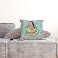 Madhubani Dancing Bride - Pastel Color Cushion