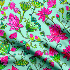Indian Pichwai Prints Mint Natural Crepe Fabric