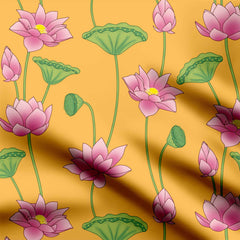 Pichwai lotus jaal yellow Satin Fabric