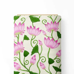 Pichwai Lotus Cream Satin Fabric