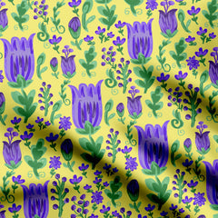 Satin 3 Meters Lilac and Buttercream floral garden Print Fabric