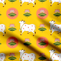 Cotton 1 Meter Cow and Lotus Print Fabric