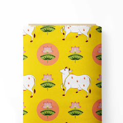 Cotton 1 Meter Cow and Lotus Print Fabric