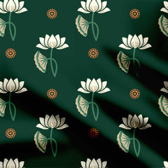 Pichwai Neutral Lotus in Bottle Green Satin Fabric