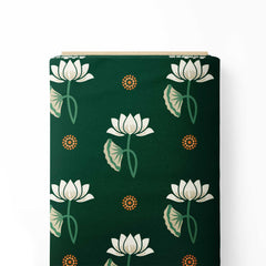 Pichwai Neutral Lotus in Bottle Green Satin Fabric