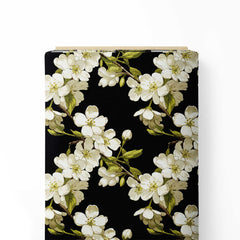 Apple tree blossom on black Print Fabric