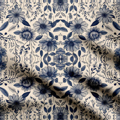 Indigo Floral Sketches on Coffee Cream Print Fabric