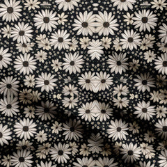 White and Black Daisies Flowers Drawn Print Fabric