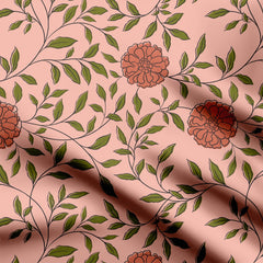 Marigolds in Sanganeri Block Printed Style - Coral Cotton Poplin Print Fabric