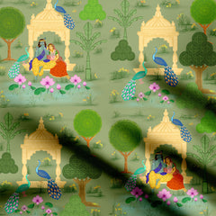 Krishna Pichwai Olive Green Print Fabric