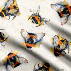 Watercolor textured bees Beige Print Fabric