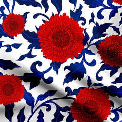 Bold chrysanthemum, poppy red and cobalt blue Print Fabric