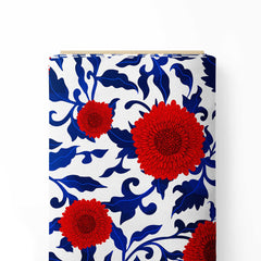 Bold chrysanthemum, poppy red and cobalt blue Print Fabric
