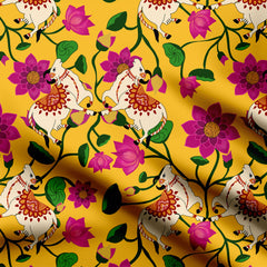 Rayon 3 Meters Pichwai print with lotus and cow Print Fabric