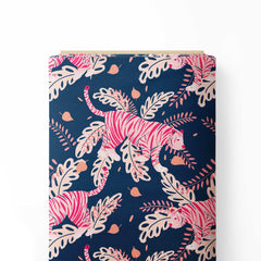 Tiger safari pink and navy Print Fabric