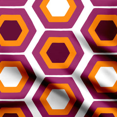 Mid century hexagons orange, purple and white Print Fabric