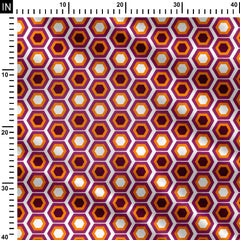 Mid century hexagons orange, purple and white Print Fabric