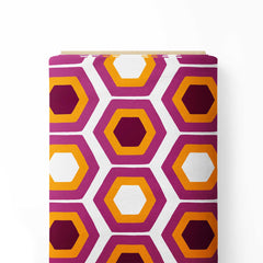 Mid century hexagons orange, purple and white Print Fabric