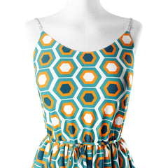 Mid century hexagons orange, teal, navy Print Fabric