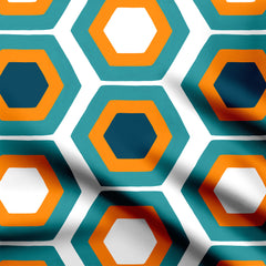 Mid century hexagons orange, teal, navy Print Fabric