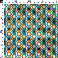 Mid century hexagons orange, teal, navy Print Fabric