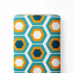 Mid century hexagons orange, teal, navy Print Fabric