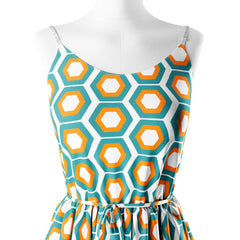 Mid century hexagons orange, teal, white Print Fabric