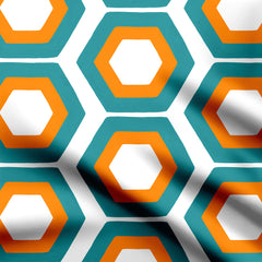 Mid century hexagons orange, teal, white Print Fabric