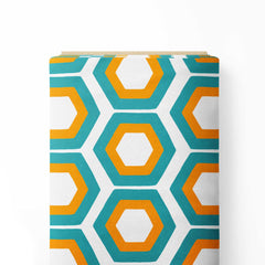 Mid century hexagons orange, teal, white Print Fabric