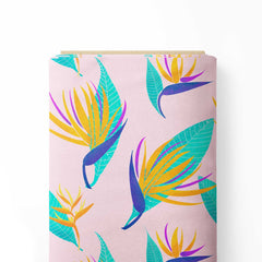 Bird of paradise turquoise, pink and yellow Cotton Poplin Print Fabric