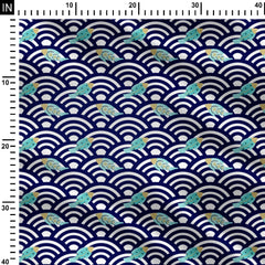 Fishes in Seigaiha waves turquoise and blue Print Fabric
